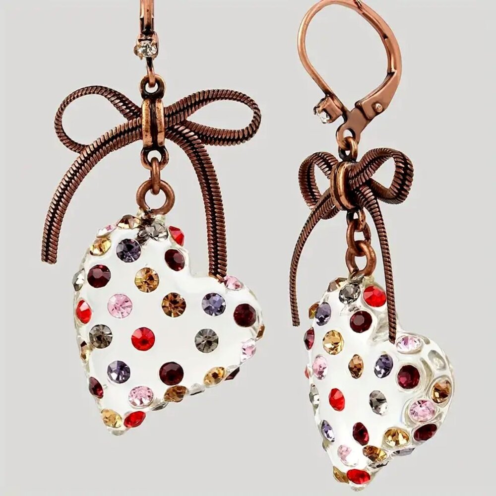 Adorable Clear Resin With Inlaid Multi Colored Rhinestone • Heart Earrings